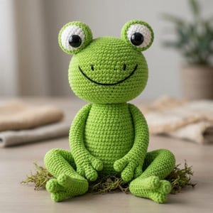May include: A bright green crocheted frog plush toy with large white eyes and black pupils. The frog has a stitched black mouth and is sitting in a seated position with its legs extended forward, featuring detailed textured yarn stitches throughout.