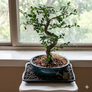 May include: A small bonsai tree with green leaves and a twisted trunk sits in a teal-colored ceramic pot. The pot rests on a black tray with small rocks, next to a miniature watering can. The tree is placed near a window.