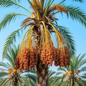 May include: A close-up of a date palm tree with clusters of brown dates hanging from the branches. The tree has green fronds and a brown trunk. The background is a clear blue sky.