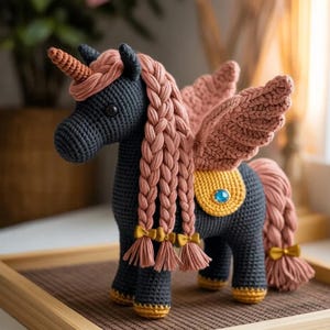 Può includere: Un unicorno all'uncinetto fatto a mano con un corpo grigio scuro, ali color pesca e una criniera e coda intrecciate. L'unicorno ha una sella dorata con una gemma blu e fiocchi gialli. Il corno è di colore marrone chiaro. L'unicorno è alto circa 25 cm.