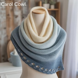 Carol Cowl Crochet Pattern, Ombre Blue Gradient Scarf, Lace Trim Tutorial (PDF Download)