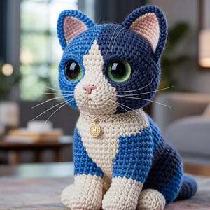Peut inclure: Une figurine de chat au crochet faite à la main, bleue, blanche et rose. Le chat a de grands yeux verts, de longues moustaches blanches et un collier avec un pendentif doré. Le chat est assis droit, mettant en valeur son travail de crochet détaillé.