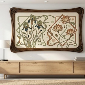May include: Large framed artwork featuring botanical illustrations of irises and lotus flowers in a vintage style. The artwork is set in a dark wood frame and hangs above a wooden cabinet. The color palette includes greens, browns, and creams.