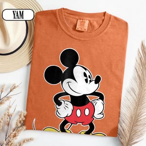 May include: A burnt orange crew neck t-shirt featuring a graphic of Mickey Mouse with black ears, a white face, and red shorts. The shirt has a tag inside the collar that reads Comfort Colors and the size XL. The fabric has a textured appearance.