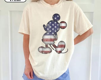 Comfort Color 4th of July Mickey Mouse American Flag T-Shirt Patriotic Disney Vintage USA Tee, Retro Americana Mickey Stars Stripes Shirt