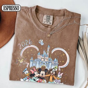 May include: Espresso-coloured t-shirt with a Disney castle graphic, characters, and the year 2026. The design includes Mickey Mouse, Minnie Mouse, Donald Duck, Goofy, and Daisy Duck. The shirt has a crew neck and short sleeves.