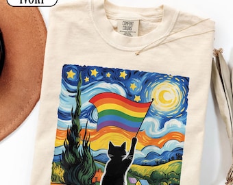 Camiseta de gato del orgullo gay, camiseta del orgullo de la noche estrellada, camiseta de gato con la bandera arcoíris LGBTQ, camiseta de arte del orgullo al estilo Van Gogh, regalo para amantes de los gatos en apoyo queer