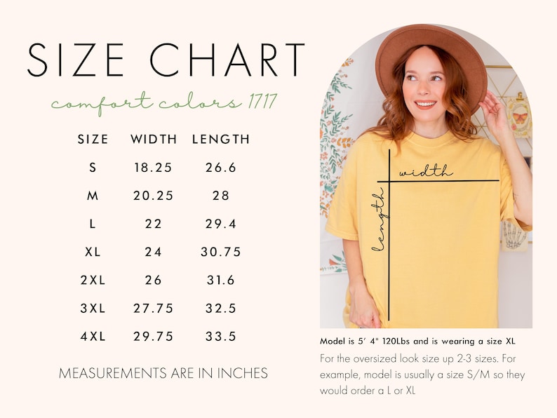 Puede incluir: Tabla de tallas para camisetas Comfort Colors 1717, con medidas en pulgadas. La tabla incluye tallas de la S a la 4XL, con dimensiones de ancho y largo. Se muestra una mujer con una camiseta amarilla.