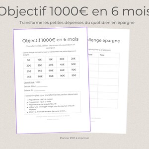 Peut inclure: Deux feuilles blanches imprimables de planification financière. La première feuille présente un tableau de défi d'épargne avec des montants de 5€ à 95€. La seconde feuille est un suivi d'épargne. Le texte comprend "Objectif 1000€ en 6 mois" et "Planner PDF à imprimer."