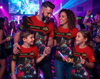 Camiseta DJ Cat personalizada para amantes de la música, camiseta con nombre personalizado, gráfico de gatito disc jockey, atuendo para festival EDM, regalo divertido para fiestas rave, top unisex estilo fiesta
