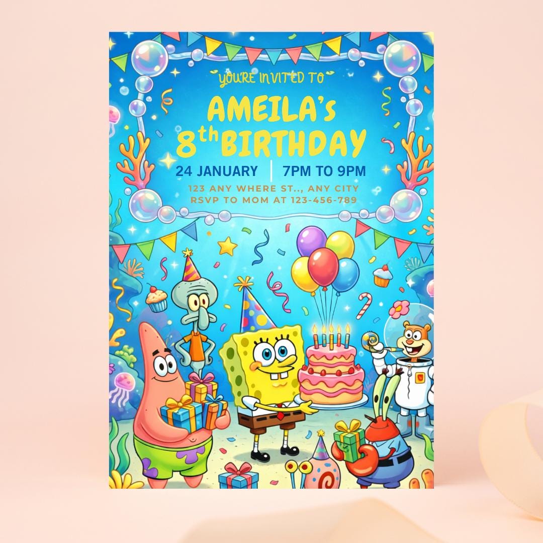 Spongebob Birthday Invitation Canva Editable | Kids Underwater Party ...