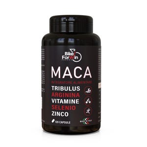 Puede incluir: Una botella negra de cápsulas de suplemento dietético "MACA". La etiqueta incluye las palabras "Integratore Alimentare", "Tribulus", "Arginina", "Vitamine", "Selenio" y "Zinco". La botella también tiene el texto "120 Capsule" y "Made in Italy".