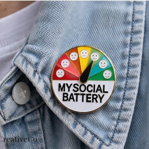 My Social Battery Enamel Pin, Interactive Gauge Lapel Badge, Introvert Anxiety Humor image 1
