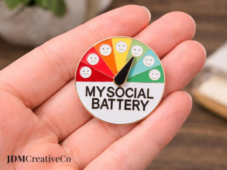 My Social Battery Enamel Pin, Interactive Gauge Lapel Badge, Introvert Anxiety Humor image 3