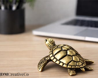 Solid Brass Turtle Figurine, Antique Gold Tone Sea Turtle Decor, Vintage Style Statue