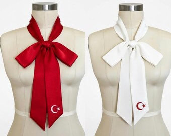 Turkish Flag Satin Scarf | Crescent Star Embroidered Shawl | Red Elegant Neck Scarf Gift