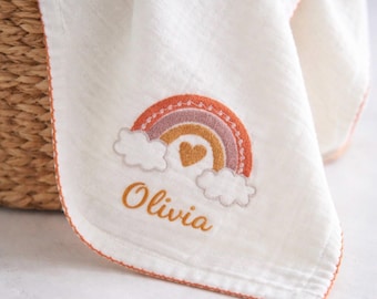 Personalized Double Layered Muslin Baby Blanket, Organic Cotton Rainbow Embroidered Soft Baby Blanket,Newborn gift idea,Baby Name Baby cover