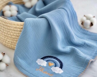 Personalized Double Layered Muslin Baby Blanket, Organic Cotton Rainbow Embroidered Soft Baby Blanket,Newborn gift idea,Baby Name Baby cover