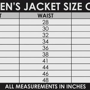 Op de afbeelding: Een zwart-wit maattabel voor damesjassen. De tabel bevat maten XS tot 6XL, met borst-, taille-, heup- en mouwlengtematen in inches. De tekst "ALL MEASUREMENTS IN INCHES" staat onderaan.