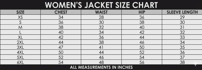 Op de afbeelding: Een zwart-wit maattabel voor damesjassen. De tabel bevat maten XS tot 6XL, met borst-, taille-, heup- en mouwlengtematen in inches. De tekst "ALL MEASUREMENTS IN INCHES" staat onderaan.