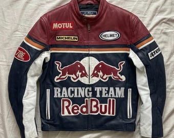 Handmade Red Bull Racing Leather Jacket, MotoGP Biker Jacket, Cowhide Motorcycle Racing Jacket, Vintage Motorsport Streetwear Jacket for Men