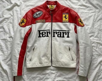 Handmade Vintage Ferrari Racing Leather Jacket – 90s F1 Motorsport Biker Jacket – Red White Moto Leather Coat Retro Streetwear Jacket