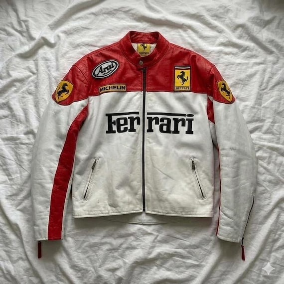 Handmade Vintage Ferrari Racing Leather Jacket – 90s F1 Motorsport Biker Jacket – Red White Moto Leather Coat Retro Streetwear Jacket