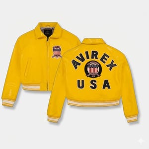 May include: A bright yellow leather jacket with a zip-up front and a ribbed white and yellow hem and cuffs. The jacket features the text "AVIREX USA" on the back, along with a logo. The front of the jacket has a smaller logo.
