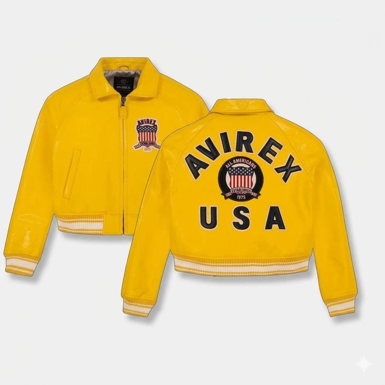 May include: A bright yellow leather jacket with a zip-up front and a ribbed white and yellow hem and cuffs. The jacket features the text "AVIREX USA" on the back, along with a logo. The front of the jacket has a smaller logo.