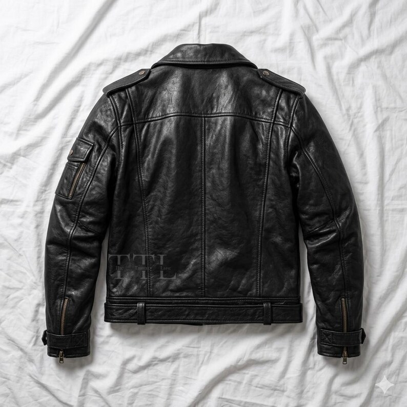 May include: Black leather jacket with a classic biker style. Features include a notched collar, shoulder epaulets, multiple pockets, and a belt at the waist. The jacket has a textured finish and a zipper closure. The text "TTL" is visible on the back.