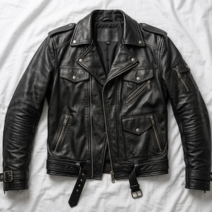 May include: Black leather jacket with a classic biker style. Features include a notched collar, multiple zippered pockets, and a belted waist. The jacket has a rugged, worn appearance, with visible stitching and metal hardware.