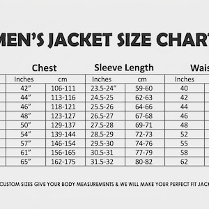 Op de afbeelding: Een maattabel voor herenjassen, met borst-, mouw- en taillematen in inches en centimeters. Maten vari&euml;ren van XS tot 5XL, met bijbehorende afmetingen. Bevat een opmerking over aangepaste maten.