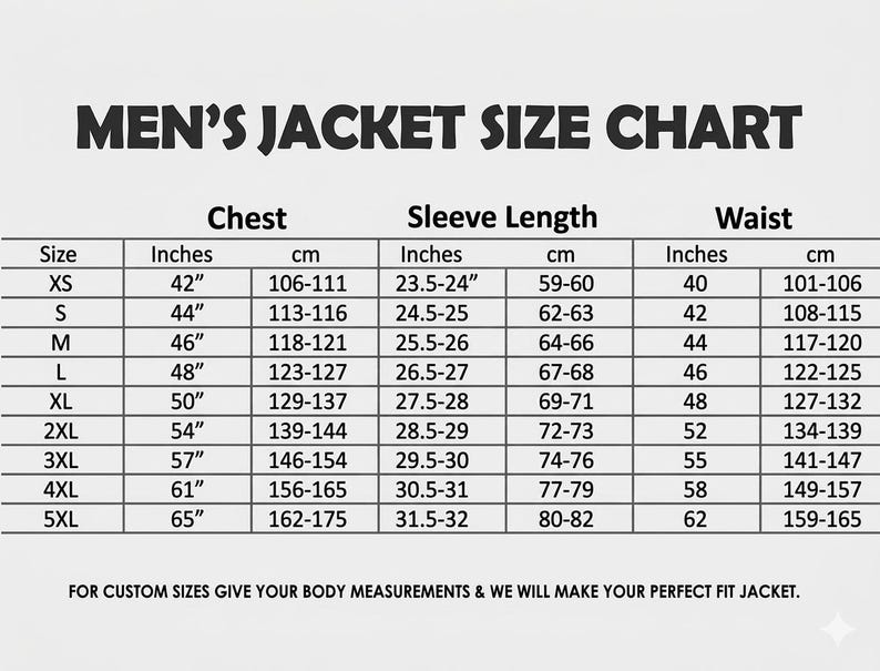 Op de afbeelding: Een maattabel voor herenjassen, met borst-, mouw- en taillematen in inches en centimeters. Maten vari&euml;ren van XS tot 5XL, met bijbehorende afmetingen. Bevat een opmerking over aangepaste maten.