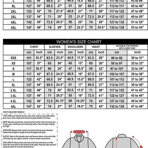 May include: Size charts for men's and women's clothing, detailing chest, sleeve, shoulder, and back length measurements in inches and centimeters. Includes diagrams and instructions for accurate body measurements.