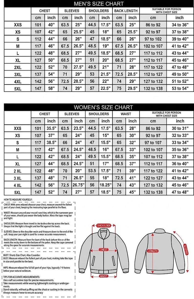 May include: Size charts for men's and women's clothing, detailing chest, sleeve, shoulder, and back length measurements in inches and centimeters. Includes diagrams and instructions for accurate body measurements.
