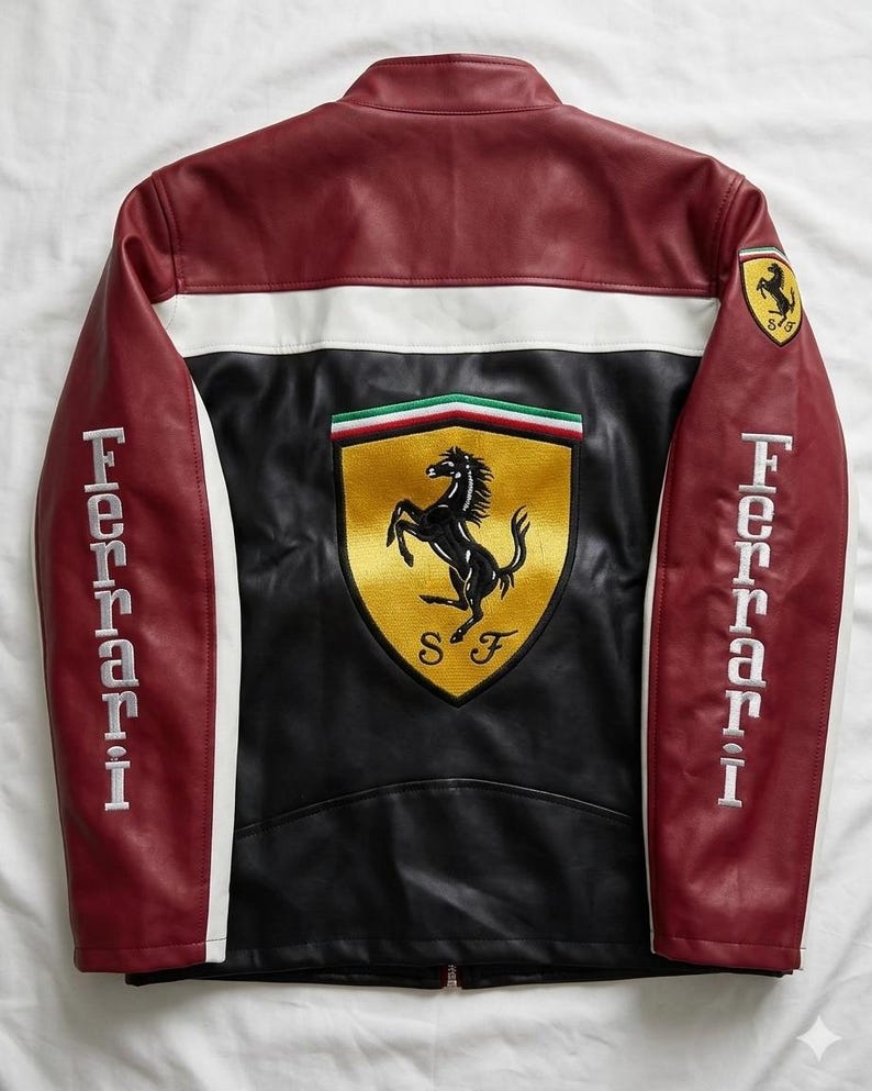 Op de afbeelding: Leren jas met een colorblock-ontwerp met bordeauxrode, witte en zwarte panelen. De jas heeft het Ferrari-logo op de rug en mouwen, met het woord "Ferrari" op de mouwen geborduurd.