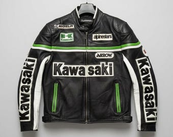 Handmade Kawasaki Racing Biker Jacket Black Green White Vintage Motorcycle Kawasaki Moto Racer Leather Jacket for Men & Women
