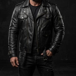 May include: Black leather jacket with a classic biker style. Features include a notched collar, multiple pockets, and a belted waist. The jacket has a rugged, textured appearance and a tailored fit. The model is wearing black jeans and a black t-shirt.