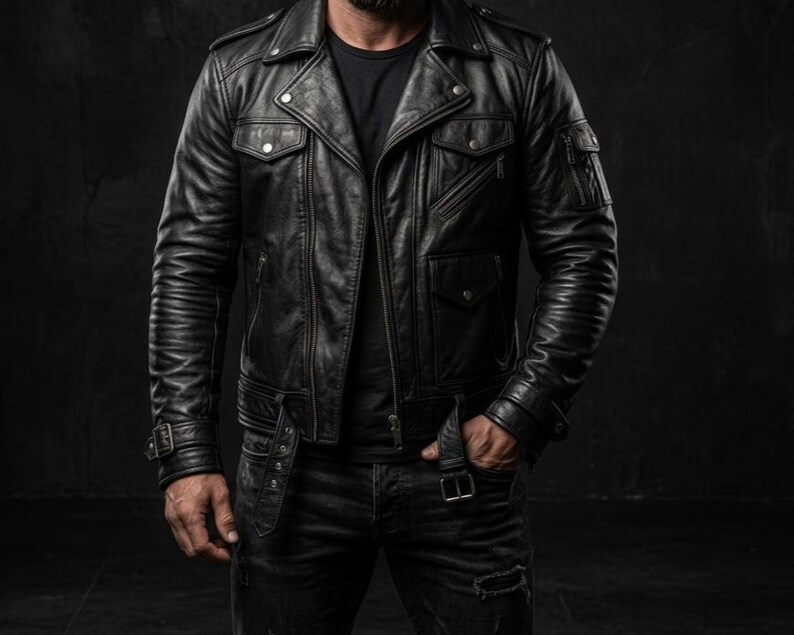 May include: Black leather jacket with a classic biker style. Features include a notched collar, multiple pockets, and a belted waist. The jacket has a rugged, textured appearance and a tailored fit. The model is wearing black jeans and a black t-shirt.