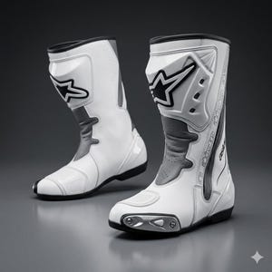 Puede incluir: Par de botas de moto blancas y grises con detalles en negro. Las botas presentan un logotipo de estrella y están diseñadas para la protección y el rendimiento. Las botas miden unos 30 cm de alto.