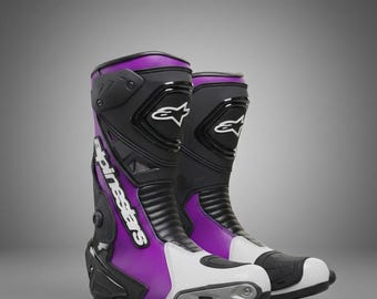 Botas de motociclismo Alpinestars de cuero morado – Calzado para motociclistas de pista y calle