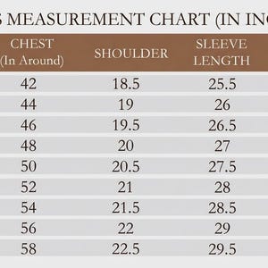 Puede incluir: Tabla de medidas para hombre en pulgadas. Incluye medidas de pecho, hombros, mangas y espalda para tallas XS a 5XL. La tabla est&aacute; sobre un fondo claro con un encabezado marr&oacute;n.