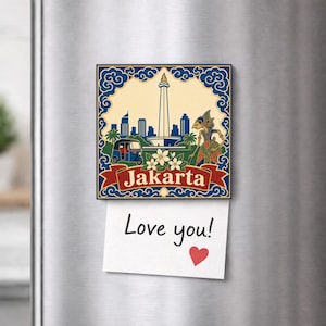 Könnte beinhalten: Ein quadratischer Kühlschrankmagnet mit einer farbenfrohen Illustration der Skyline von Jakarta, dem Nationaldenkmal, einer traditionellen Puppe und einer blauen Rikscha. Das Wort Jakarta ist auf einem roten Banner aufgedruckt.