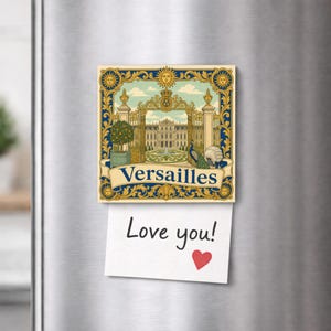May include: A square refrigerator magnet featuring an ornate gold and blue border with sun motifs, framing an illustration of the Palace of Versailles with a peacock and orange tree. A white paper note with the text Love you! and a red heart is attached.