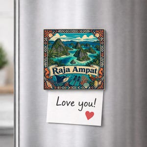Puede incluir: Un imán cuadrado para refrigerador con una colorida ilustración de las islas Raja Ampat, una mantarraya, aletas y un ave del paraíso. Debajo del imán, hay una nota de papel blanco con el texto escrito a mano Love you! y un corazón rojo.