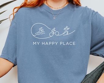 マイ・ハッピー・プレイス・トライアスロンシャツ、スイム・バイク・ランTシャツ、アスリートライフスタイルシャツ