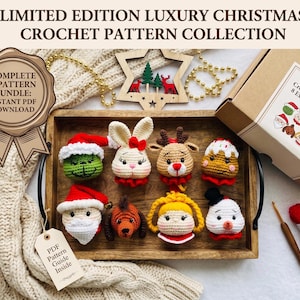 May include: A wooden tray displays a collection of handmade crochet Christmas ornaments. The ornaments include a Santa, snowman, reindeer, and bunny. The image also shows a box with the text "Festive Holiday Crochet Collectibles: 8 Exquisite Patterns."