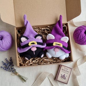 May include: Two crocheted witch gnomes in a gift box. One is black, the other is white, both wearing purple witch hats with black bands and yellow buckles. The box contains shredded paper, a skein of purple yarn, and a small book titled "Tiny Witches: A Field Guide."
