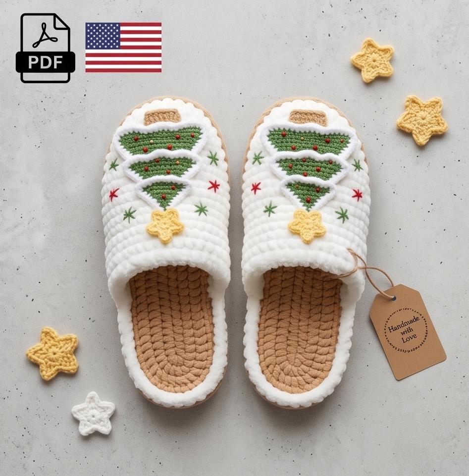 Crochet Slippers Pattern PDF, Christmas Tree House Shoes, Cozy Winter ...