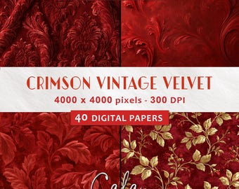 Op de afbeelding: Een collectie digitaal papier met karmozijnrode vintage fluwelen texturen met damast-, bloemen- en bladpatronen. De tekst bevat COMMERCIAL USE, CRIMSON VINTAGE VELVET, 4000 x 4000 pixels - 300 DPI, 40 DIGITAL PAPERS en Cala Digital.